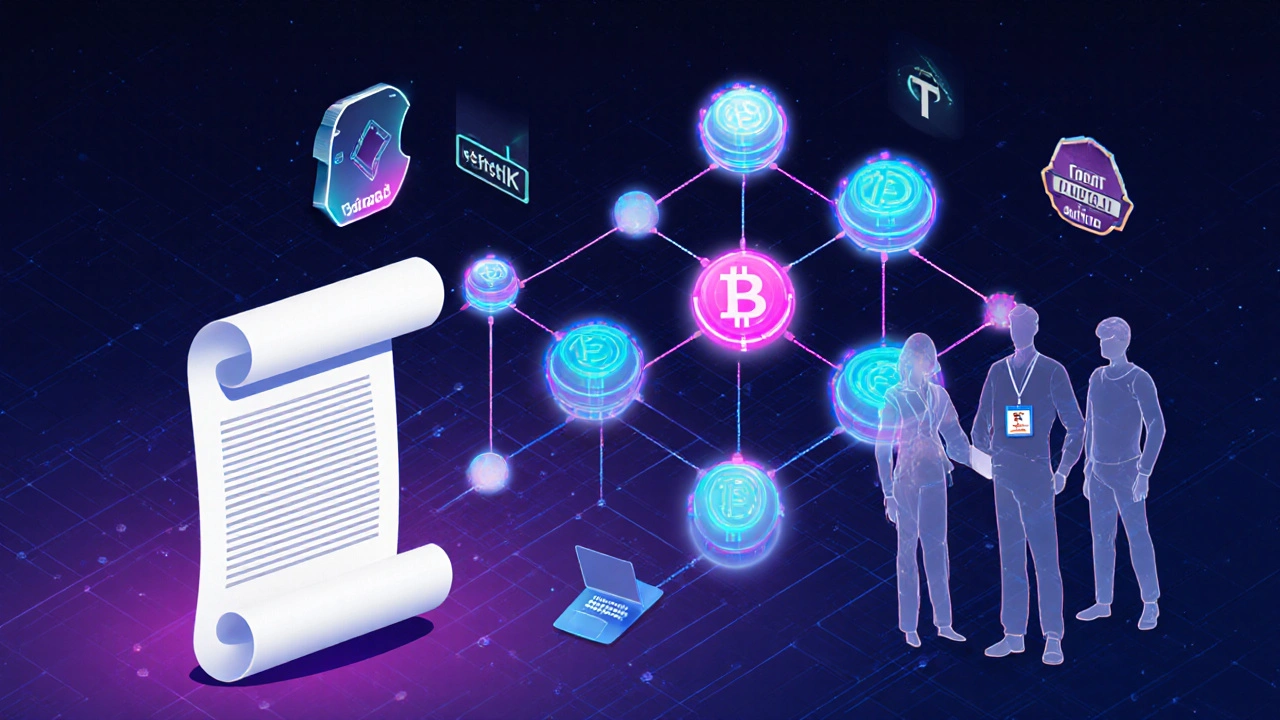 Mapa blockchainu s propojenými tokeny, smart kontrakty a siluetami týmu.