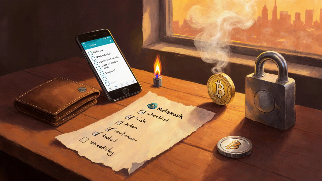 Rozložený kontrolní seznam, peněženka MetaMask, token a zámek na pracovním stole.