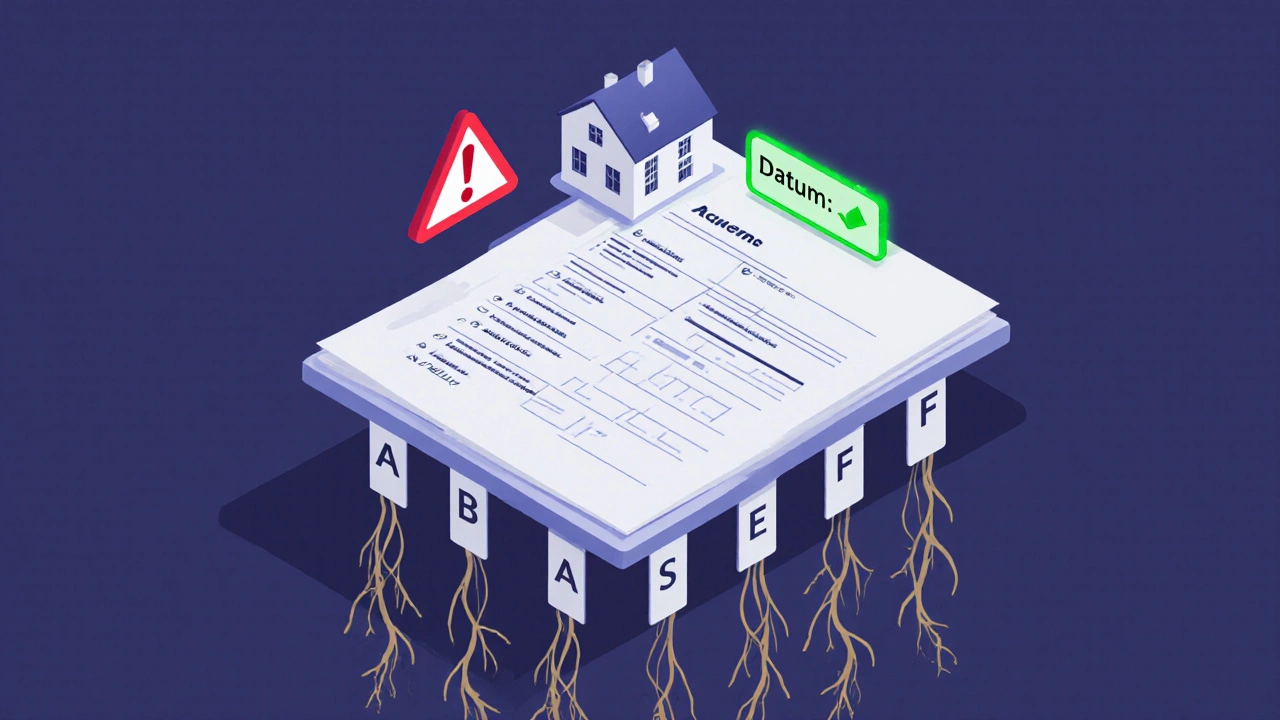 Dům nad dokumentem s částmi A–F, červené varování nad záporom a zelená kontrola nad aktuálním datem.