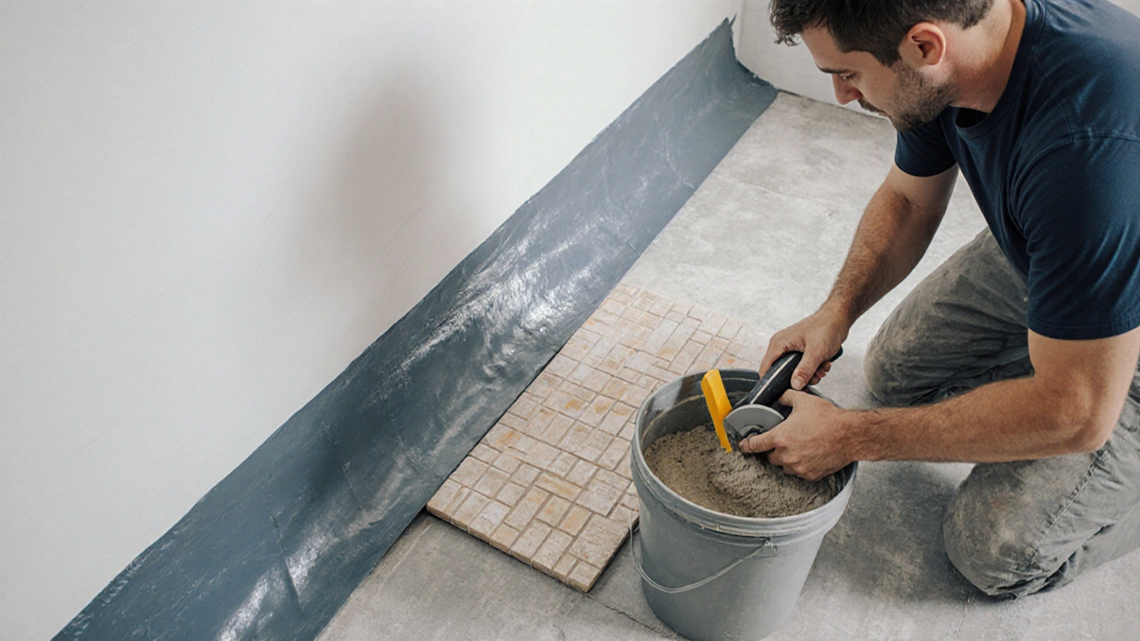 Dva zkušení zedníci připravují podklad, aplikují hydroizolaci a řežou keramické obklady.