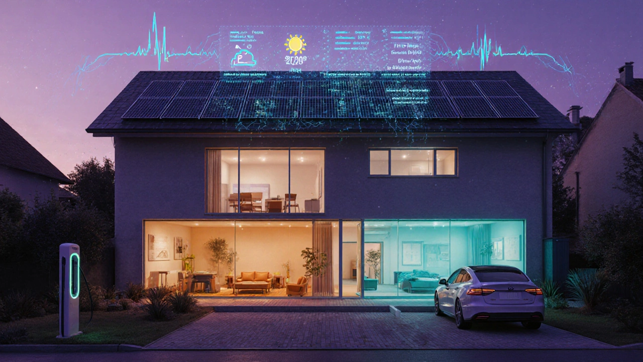 Futuristický dům s AI regulací topení, solárními panely a elektrickým nabíjecím stojanem.