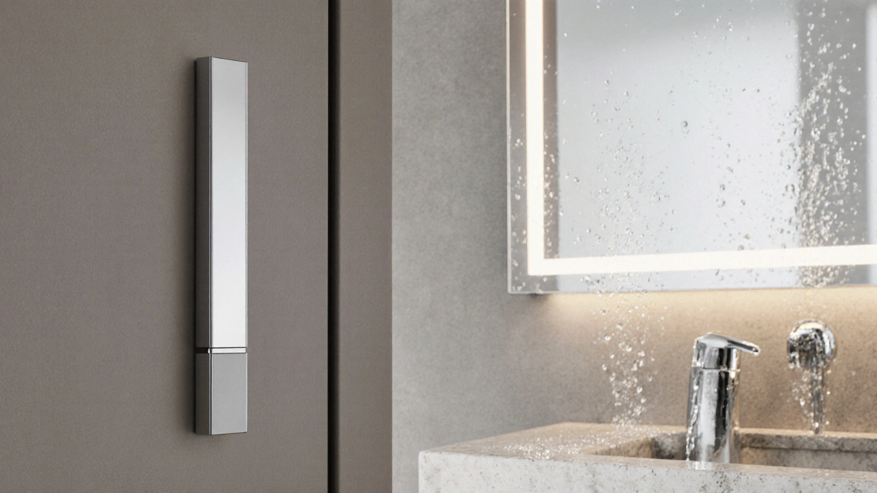 Koupelna s dual-surface úchytkou, lesklým zrcadlem a matným kohoutkem, jemné odlesky světla.