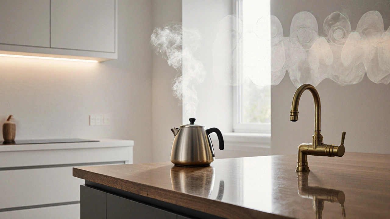 Kuchyně s bílými omítkami, mosaznými detaily a dřevěným stolem, symbolizující moderní hygenu a tepelnou úsporu.