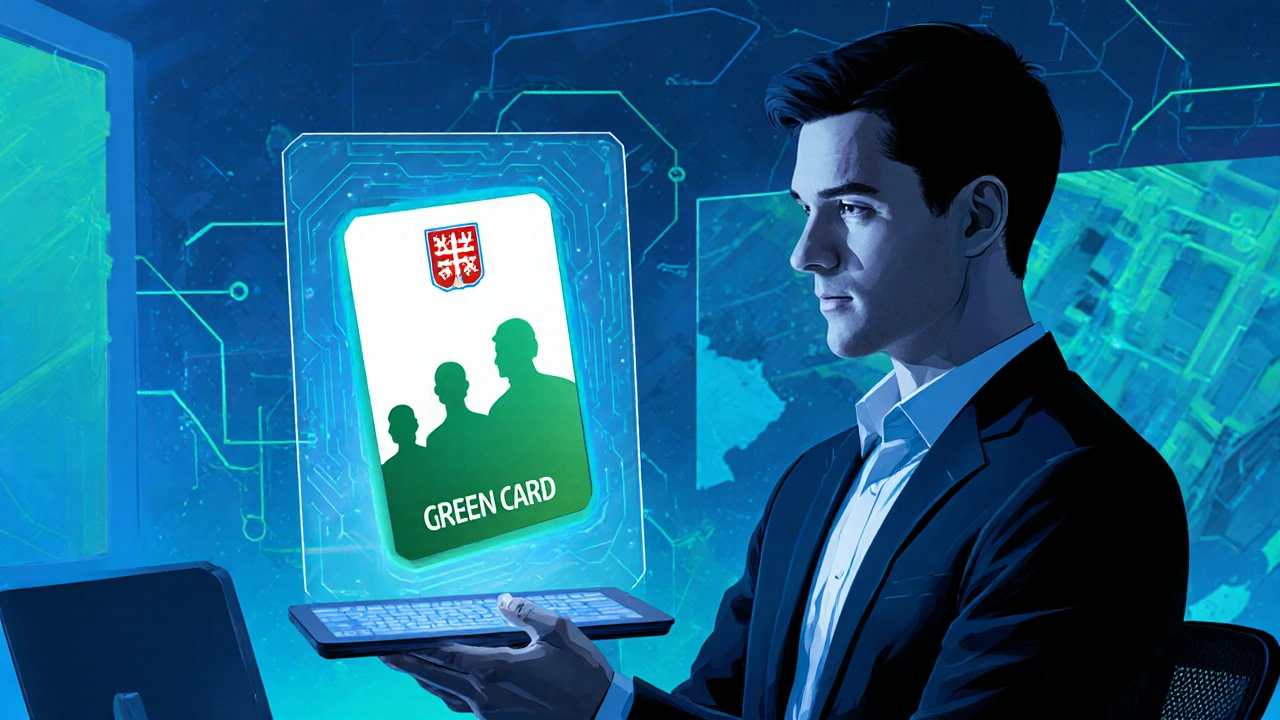 Osoba drží holografický tablet s digitální zelenou kartou v moderní kanceláři.