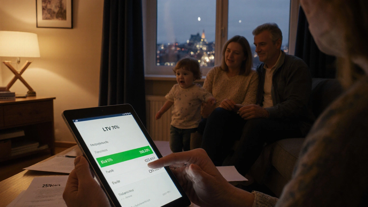 Pár sleduje na tabletu hypoteční kalkulačku s LTV 75% v klidném bytě ve večerním světle.