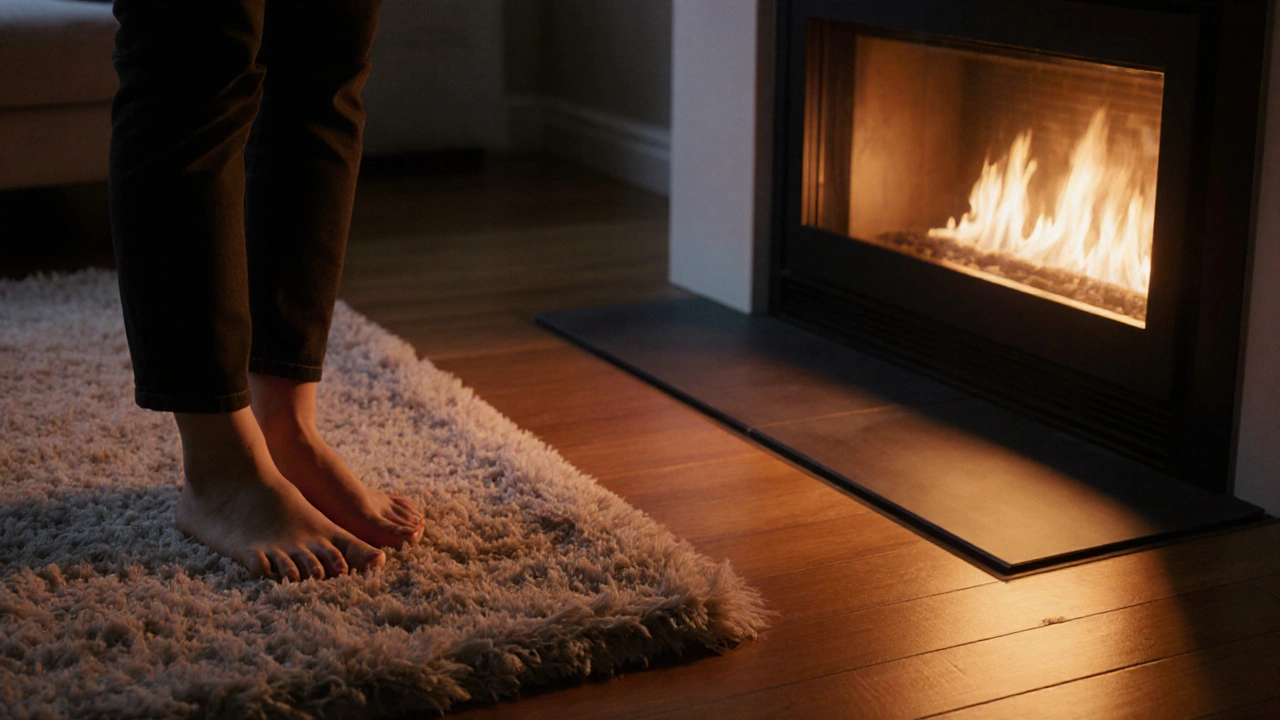 Pohodlný obývací pokoj s nohama na dřevěné podlaze, teplým světlem a podlahovým topením.