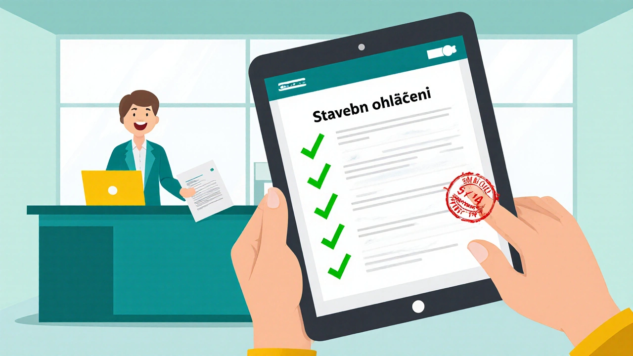 Ruka drží tablet s online stavebním ohlášením a úředníkem předá potvrzení.