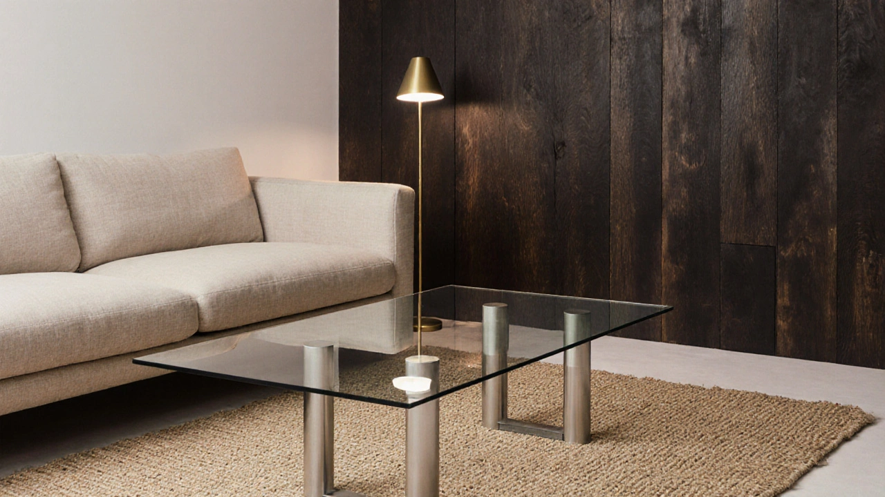 Skleněný stůl na matných kovových nohách s textilní pohovkou a přírodním kobercem v minimalistickém interiéru.