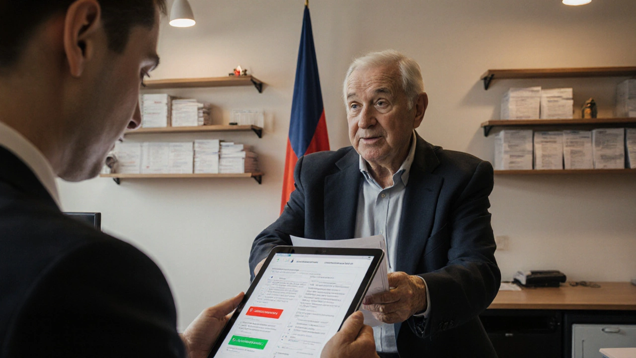 Starší muž dostává výpis z listu vlastnictví od úředníka v pobočce Czech POINT.