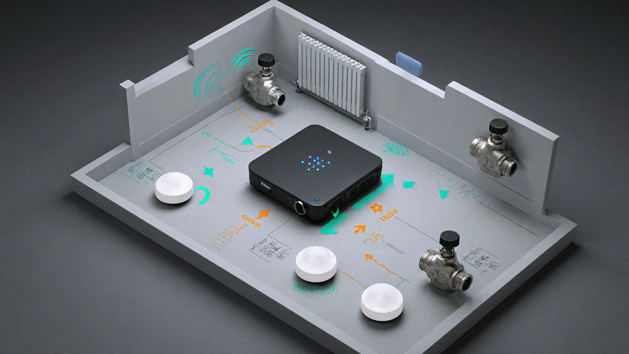 Technický diagram systému zónové regulace s jednotkou, ventilky a senzory propojenými vlnami.