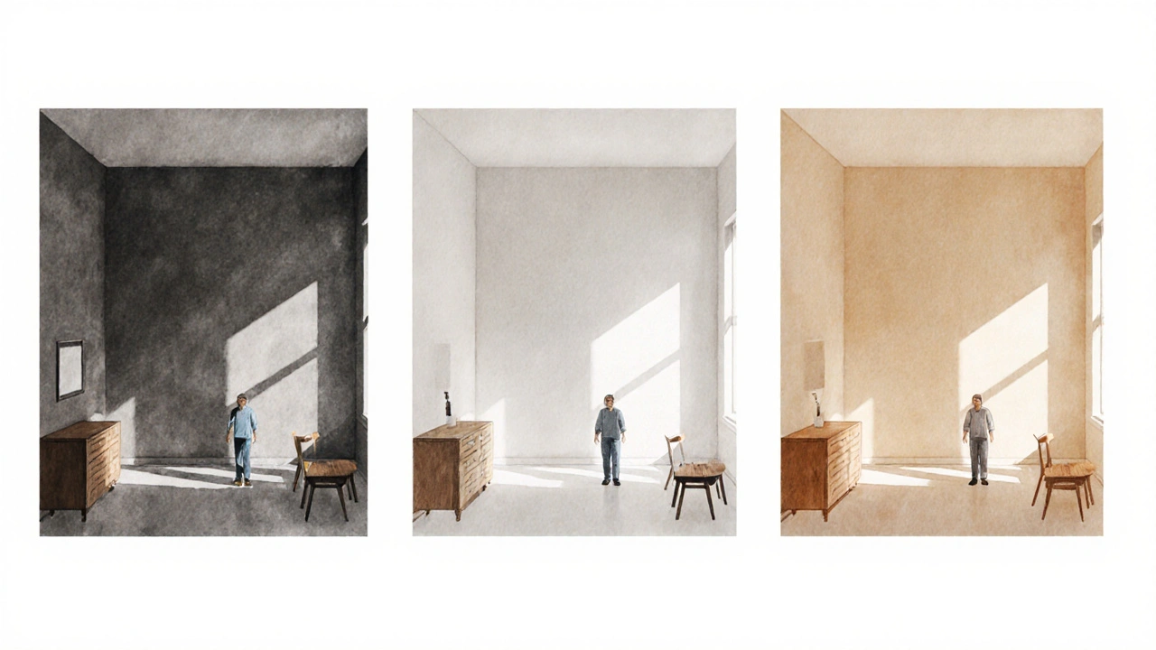 Tři stejné místnosti s různými odstíny bílé: chladná, neutrální a teplá — s různým působením světla a náladou.