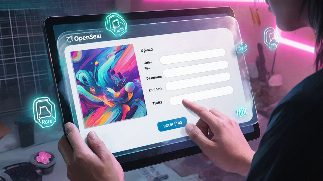 Umělec nahrává digitální obrázek do virtuálního panelu s metadaty pro NFT.