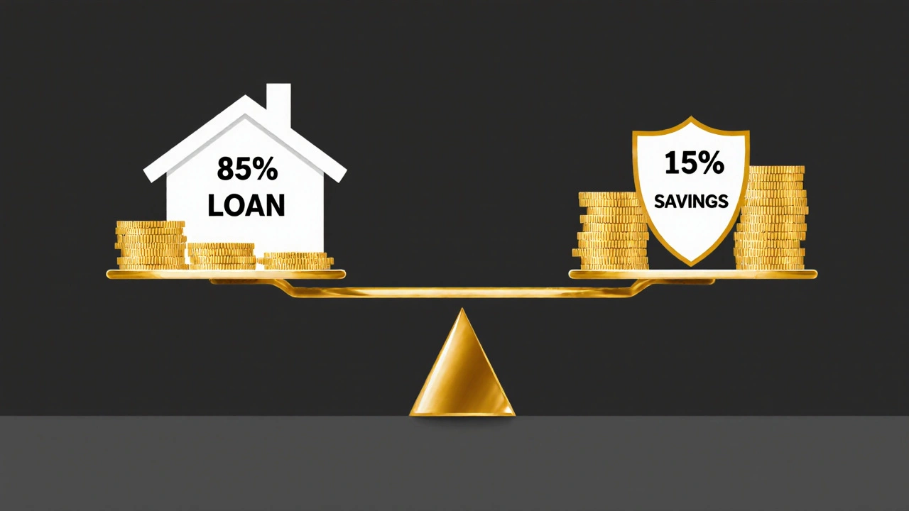 Váha ukazuje poměr půjčky a vlastních prostředků jako symbol finanční bezpečnosti.