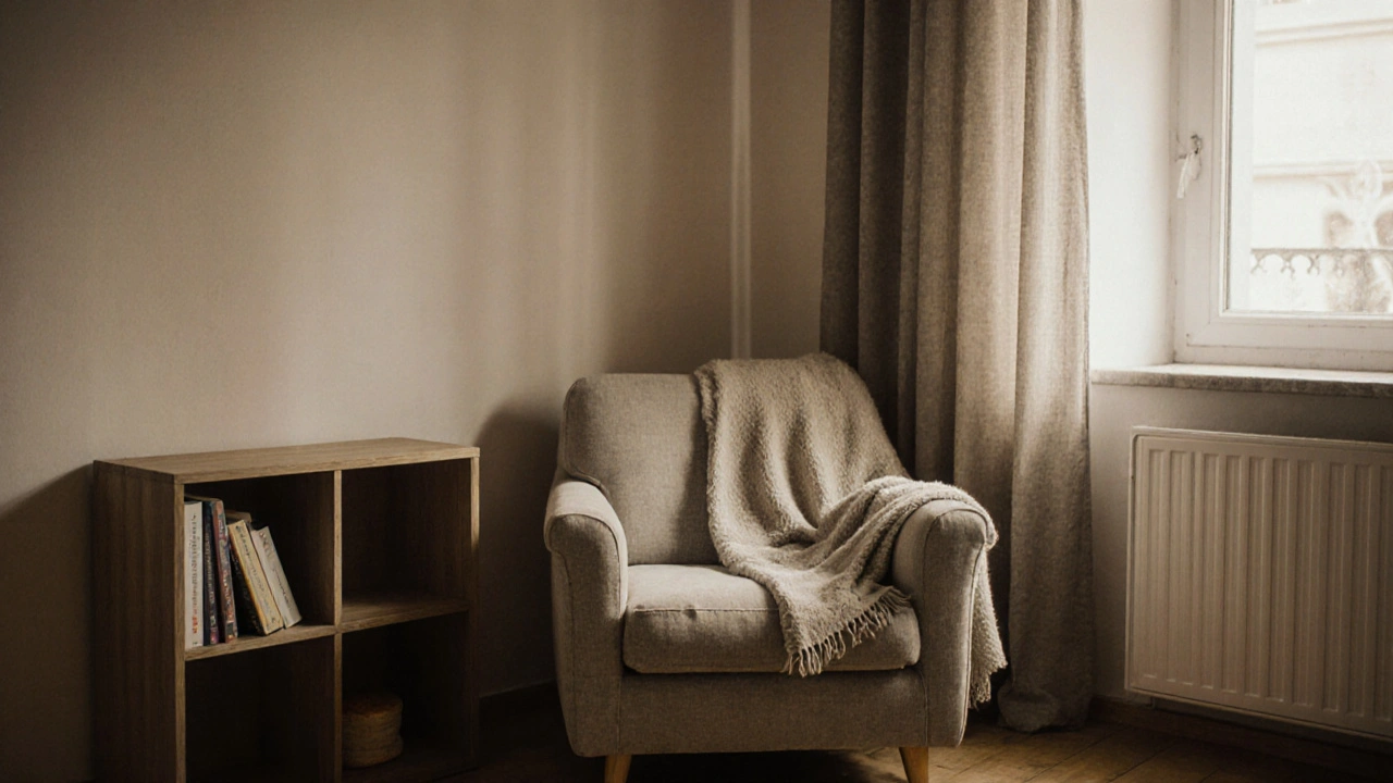 Calm living room with neutral tones, single armchair, and natural light creating a welcoming atmosphere.