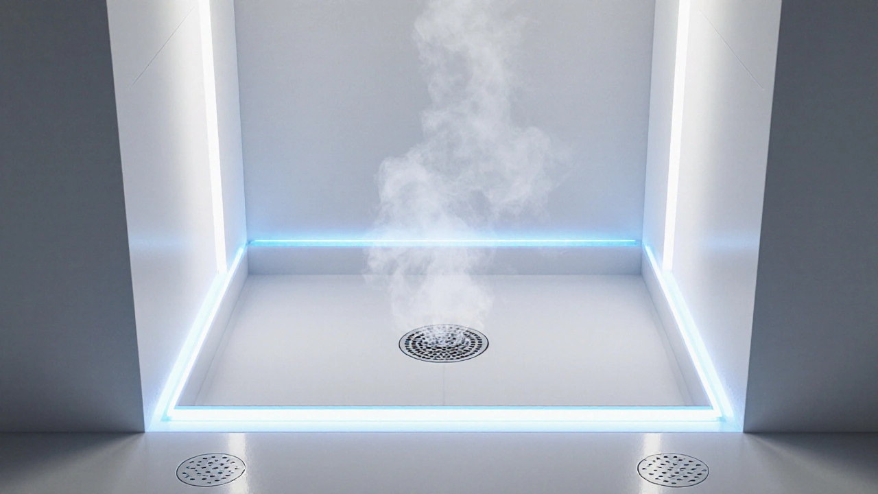 Chytrá sprcha s senzory vlhkosti a automatickým odvodněním v budoucí koupelně.
