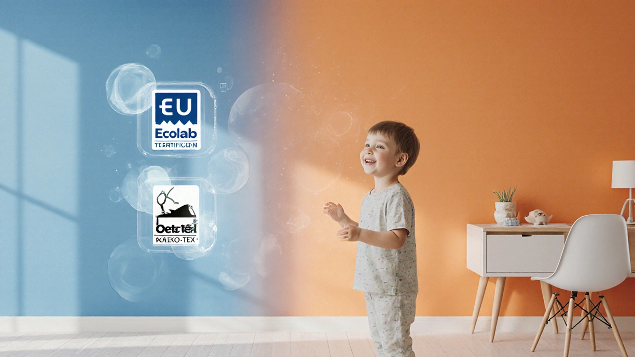 Chytrá tapeta měnící barvu podle teploty v dětském pokoji, dítě pozoruje změnu.