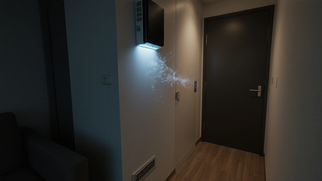 Chytrý větrací systém s senzorem a magnetickým ventilem v chodbě bytu.