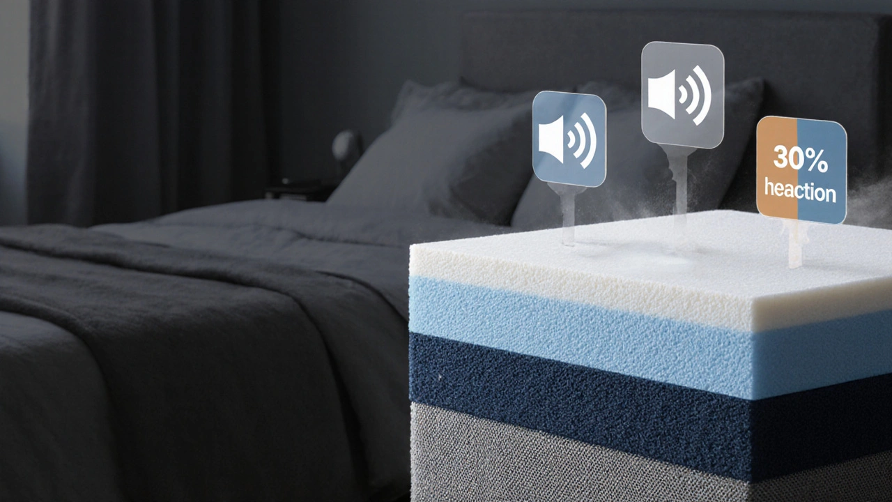 Detail čalouněného čela s viditelnou vrstvou pěny a textilie, ukazující, jak pohlcuje hluk a chlad.