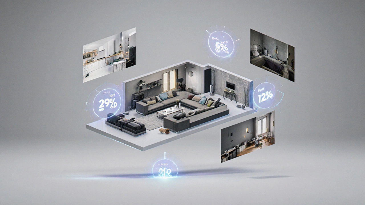 Digital visualization showing before-and-after staging of a Czech apartment with glowing data highlights.