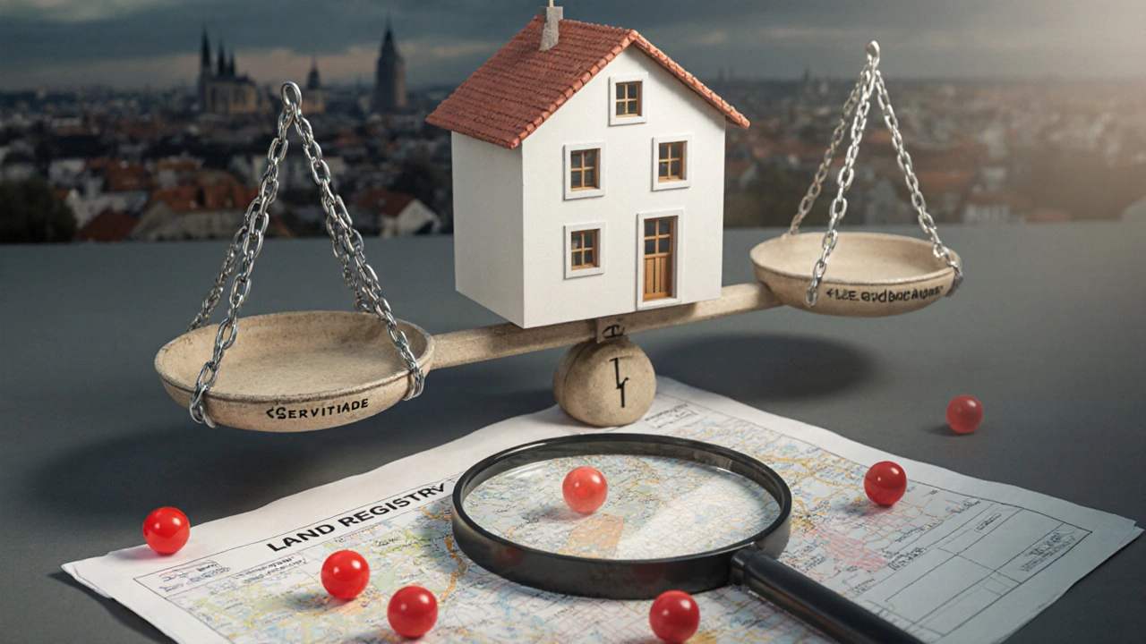 Dům na váhách s těžkými řetězy označenými jako právní vady, zatímco druhá strana je volná.