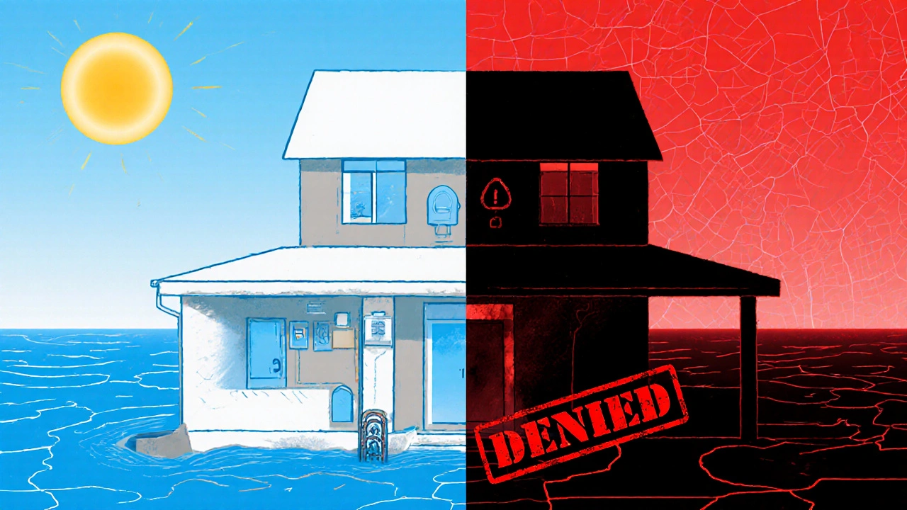 Dům rozdělený do čtyř zón rizika povodní od bezpečné až po odmítnuté pojištění.