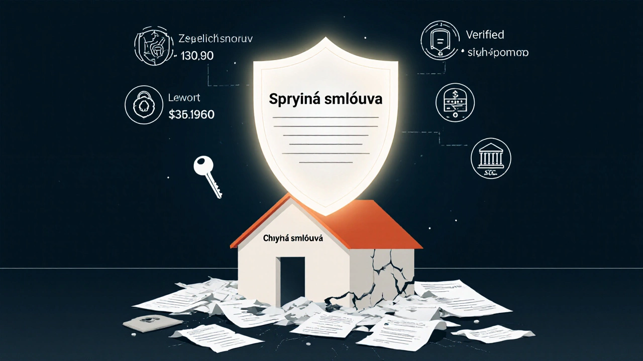 Dům s prasklou základnou z papírových chyb, chráněný štítem správné smlouvy.