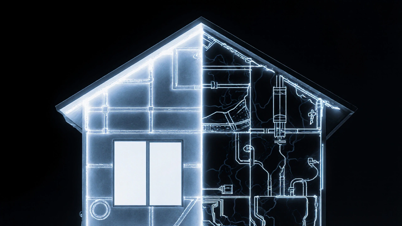 Dům s průhlednými technickými plány na jedné straně a chaotickými kabely na druhé.