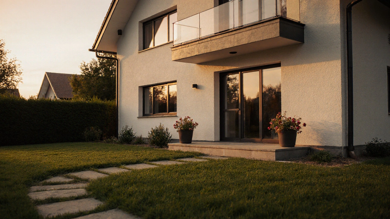 Dům s úklidnou přední zahradou a čistým vstupem při západu slunce.