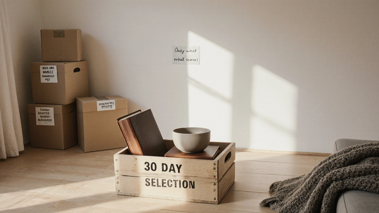 Empty living room during the 30-day selection process, with only three meaningful items in a wooden crate, symbolizing intentional minimalism.
