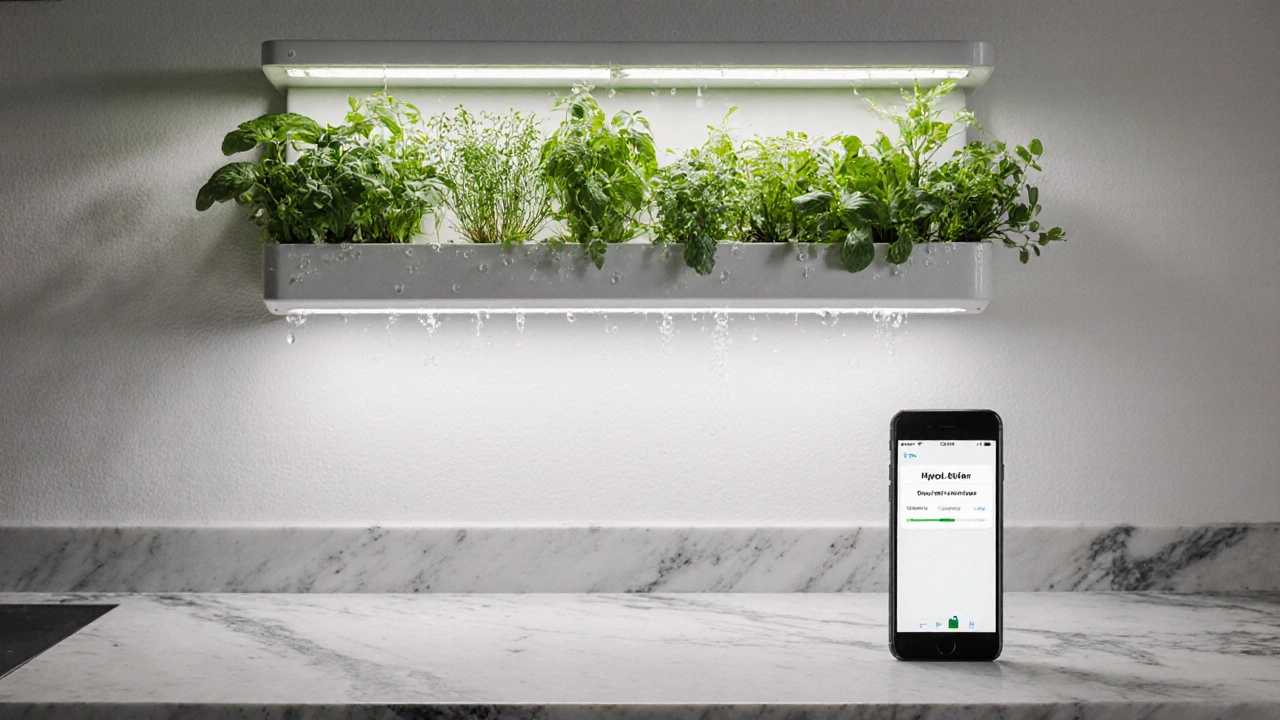 Hydroponický systém s LED osvětlením a rostlinami v moderní české kuchyni.