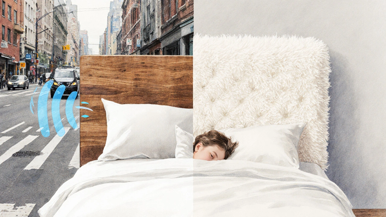 Ilustrace srovnávající odraz zvuku od dřevěného a pohlcování zvuku čalouněným čelem, symbolizující klid a tepelnou izolaci.