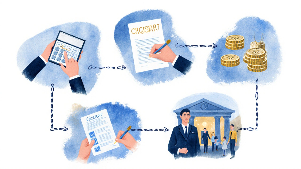 Ilustrovaná časová osa kroku za krokem při koupi nemovitosti v Česku v roce 2025.