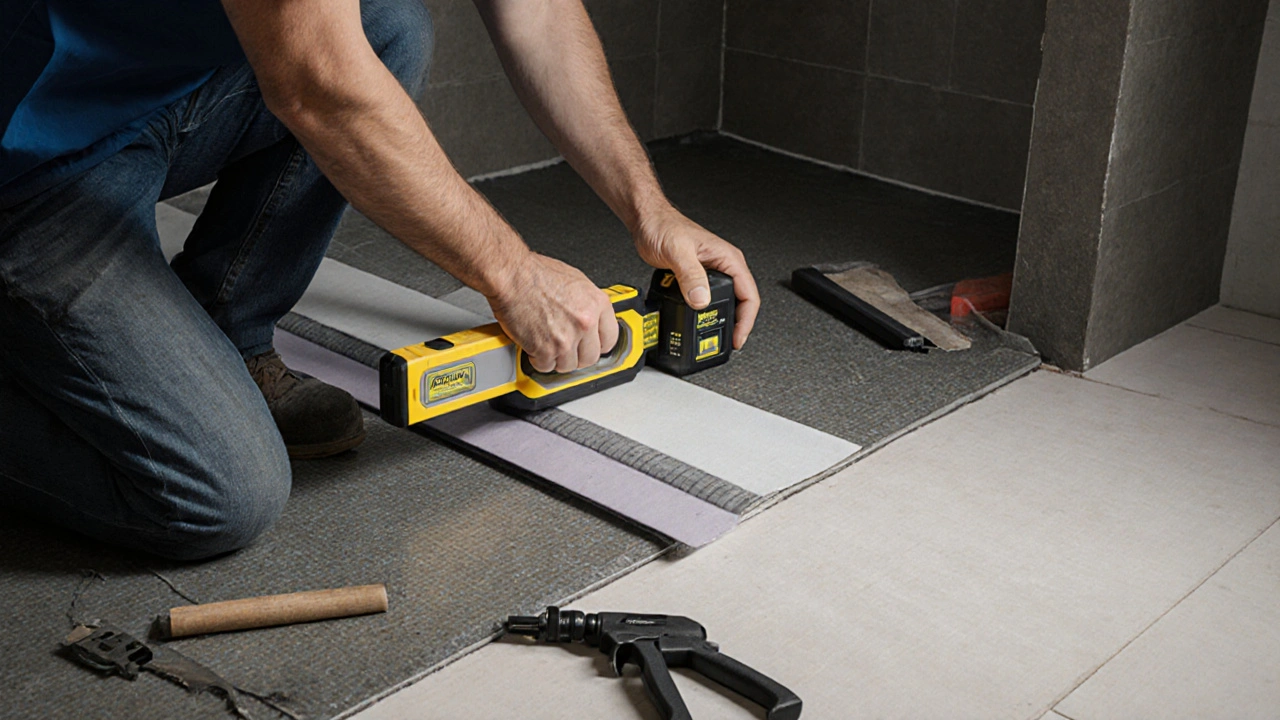 Instalatér měří sklon podlahy pro bezzárubňovou sprchu pomocí laserového nivelátoru.