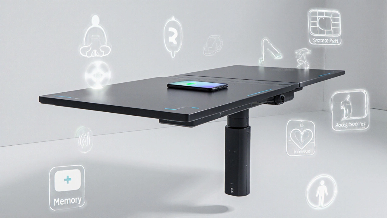 Inteligentní výsuvný stůl s bezdrátovým nabíjením a regulací výšky v minimalistickém prostředí.