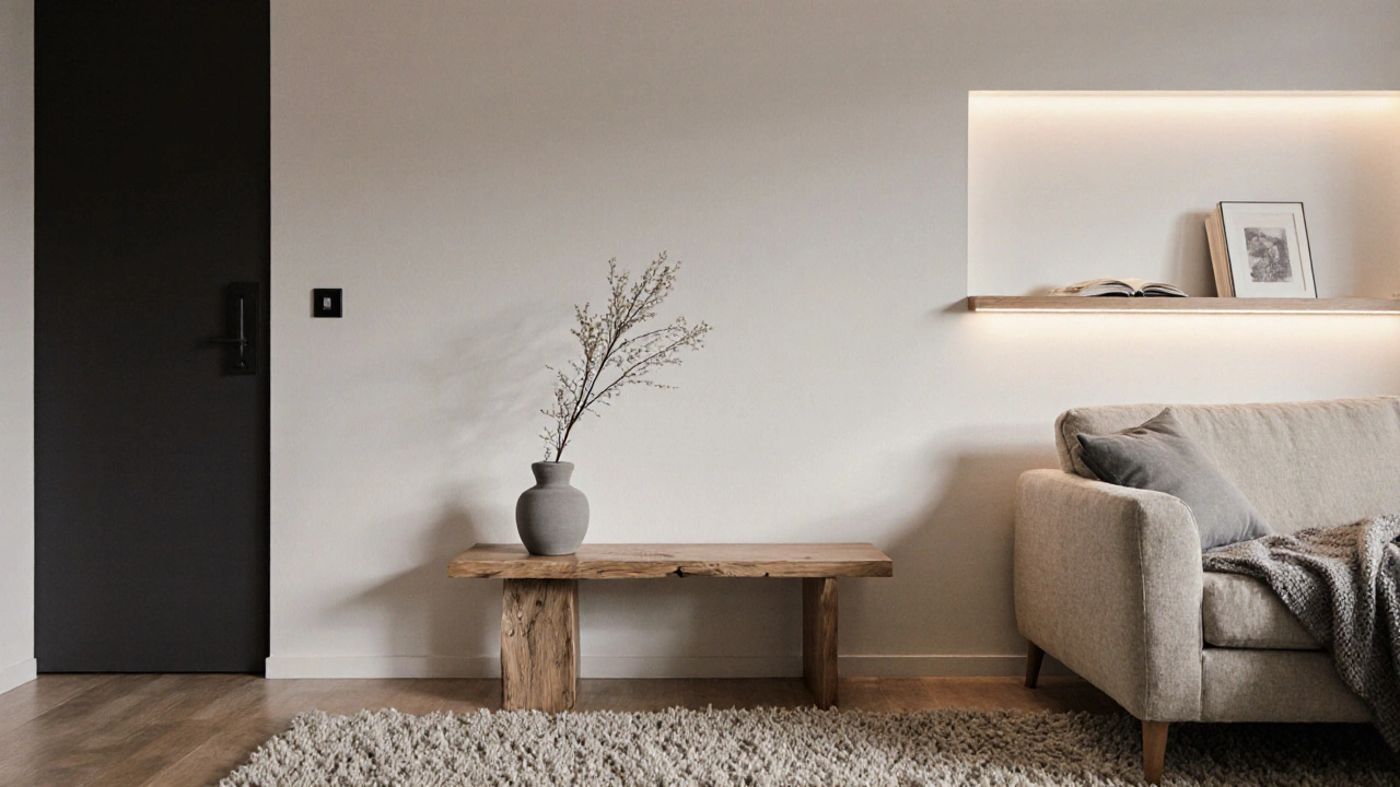 Japandi-style living room with wooden console, wool rug, single ceramic vase, and bouclé sofa, bathed in soft evening light, evoking calm and warmth.