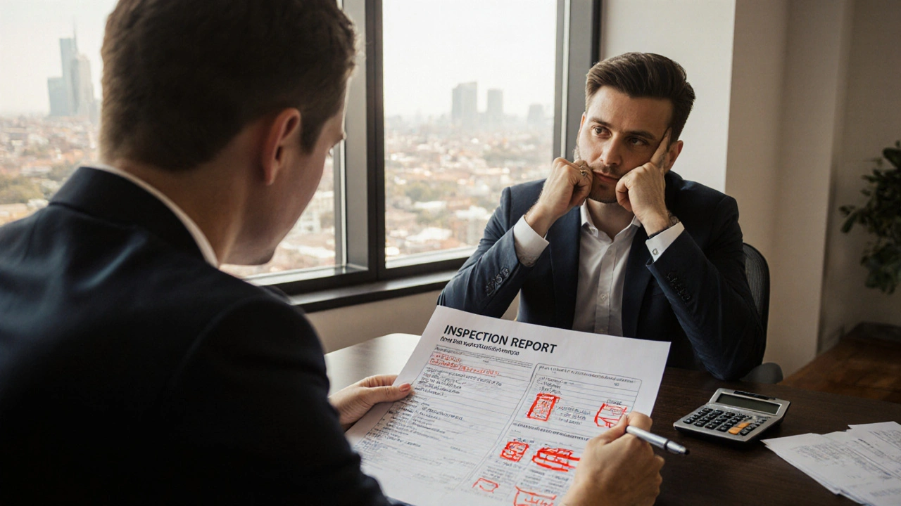 Kupující a makléř analyzují technickou zprávu o vadách nemovitosti u stolu.