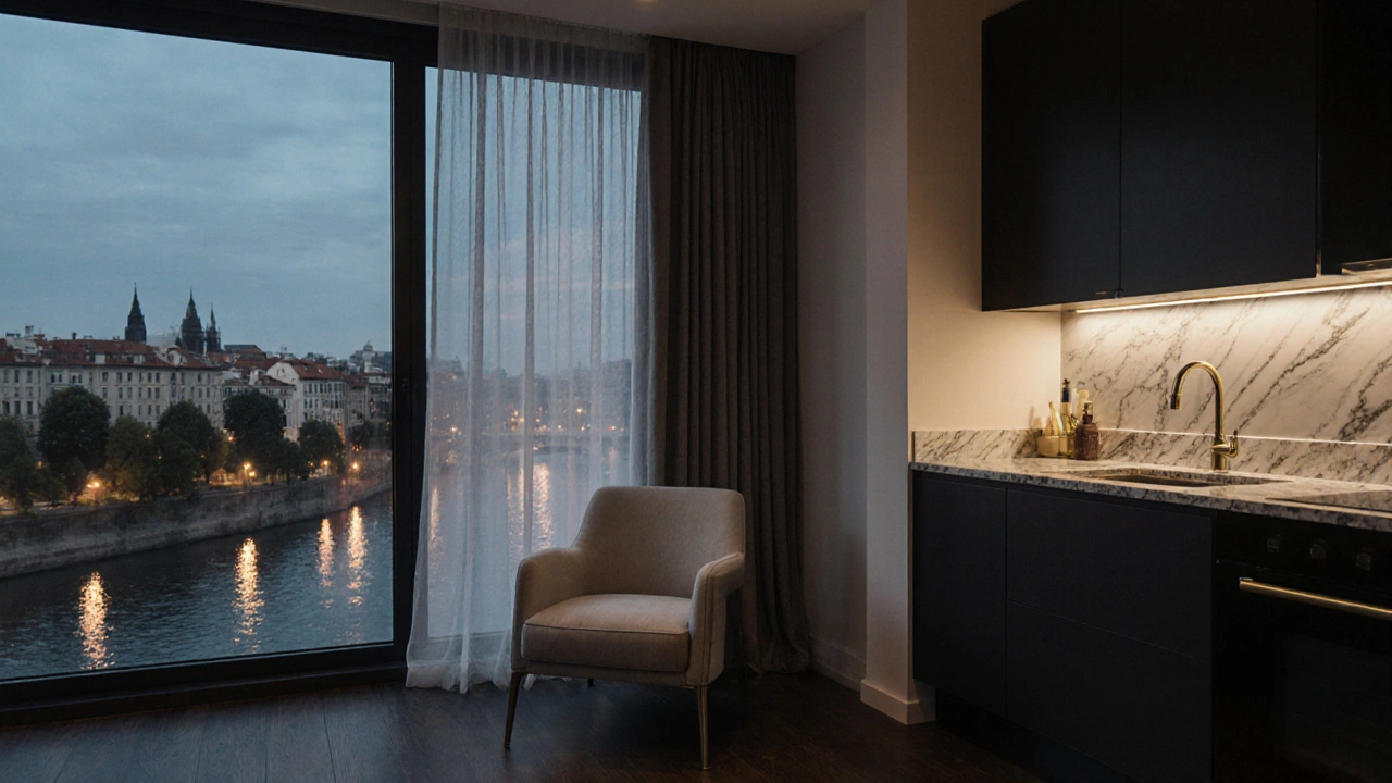 Luxusní byt s výhledem na řeku, dřevěnými podlahami, mramorovými counterami a kvalitní kuchyní v teplém večerním osvětlení.