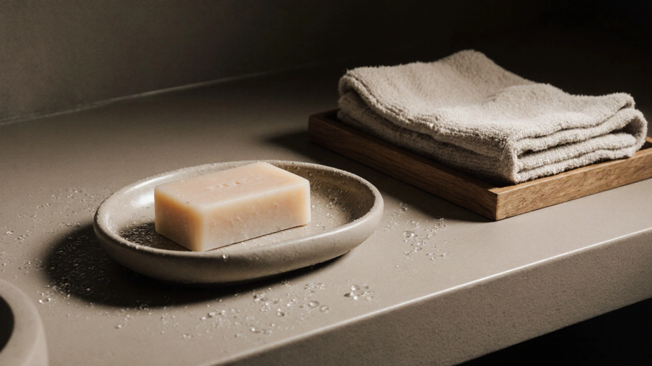 Minimální koupelna s keramickým mýdlovým talířem, dřevěným podnosem a lněným ručníkem.