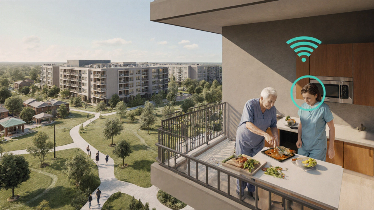 Moderní byt pro seniory s nižší kuchyňskou deskou a dálkovým monitorováním, venku je park a komunitní centrum.