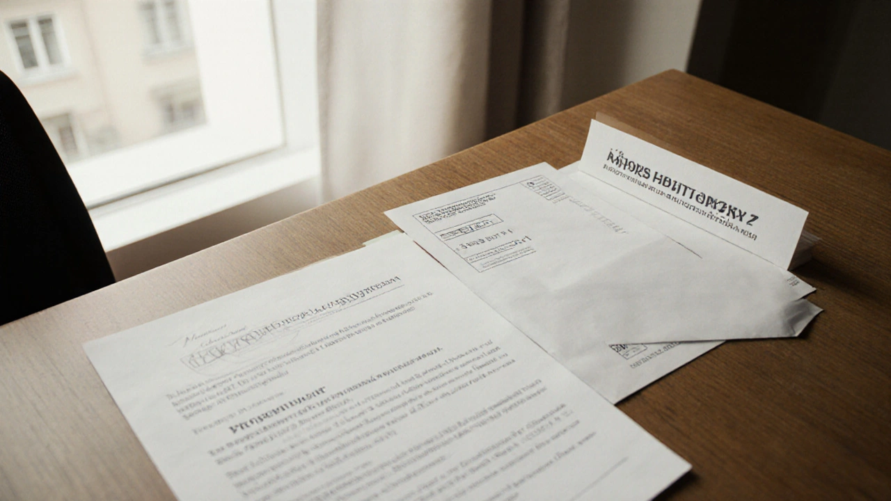 Notářův stůl s podepsanou kupní smlouvou, výpisem z katastru a bankovním převodem.