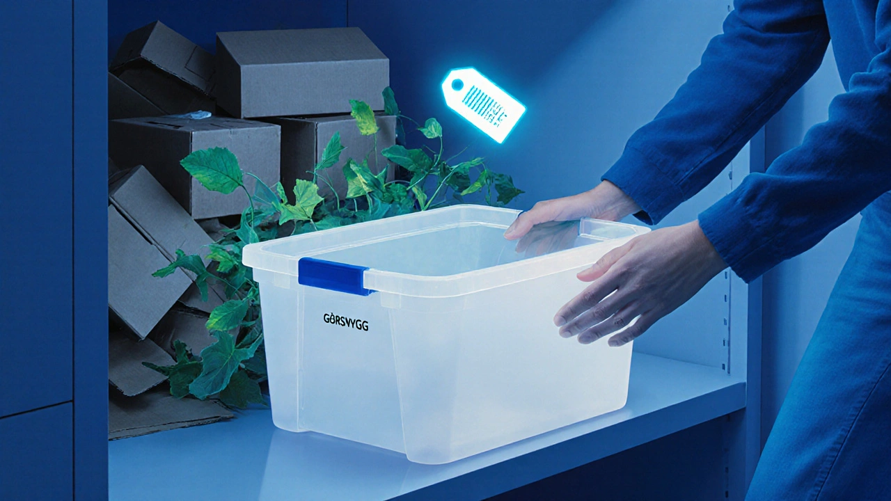 Osoba ukládá recyklovaný úložný box do skříně s digitálním RFID štítkem.