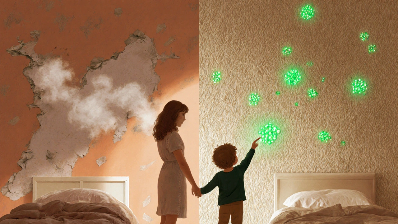 Porovnání nebezpečné a bezpečné tapety v dětském pokoji, jedna se odlupuje, druhá čistí vzduch.