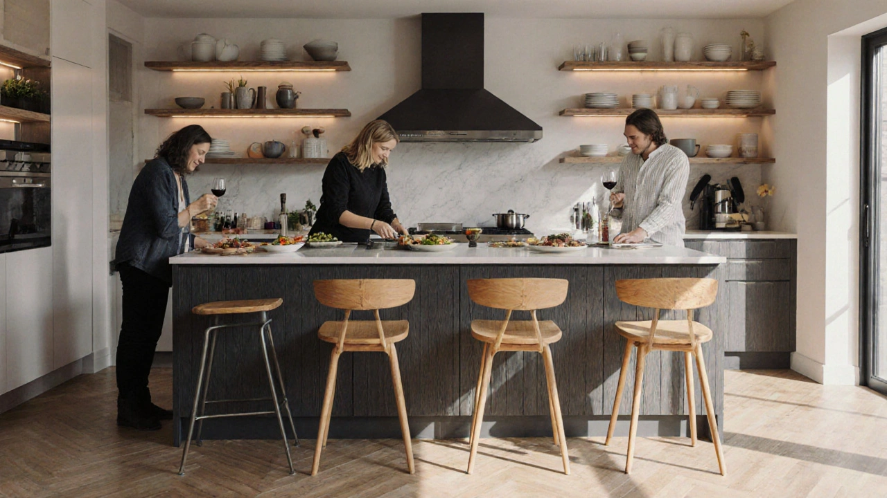 Prostorná kuchyně s ostrůvkem jako jídelním stolem a teplým osvětlením pro společenské večery.