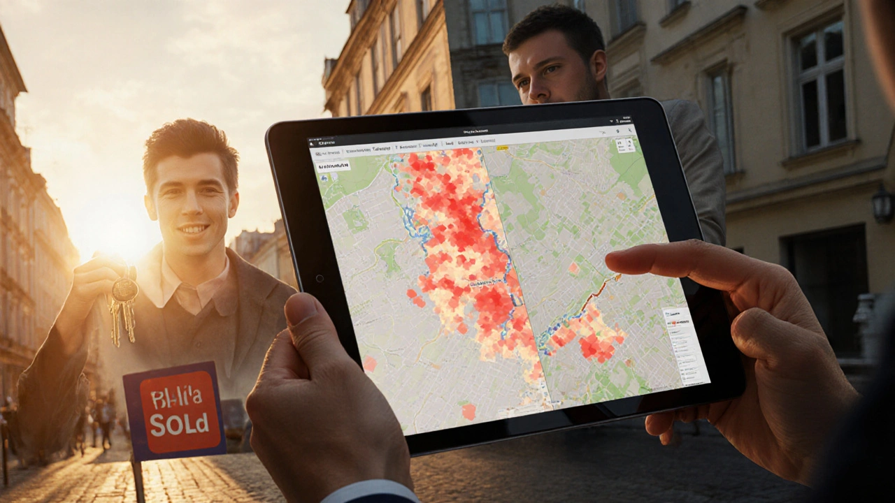 Realitní agent ukazuje na tablet s kresbou katastrální mapy a skrytými právními omezeními.