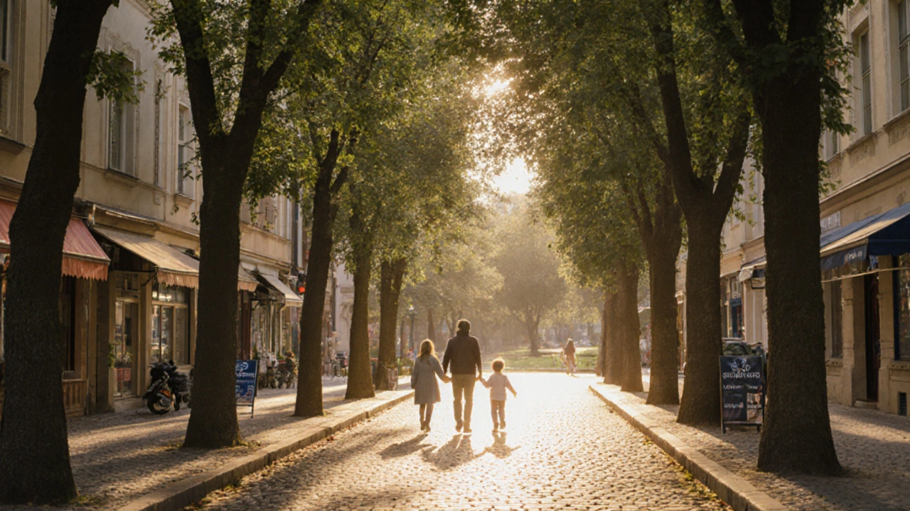 Rodina s dítětem jde k škole v klidné pražské čtvrti Kamýk, obklopená zelení a domy.