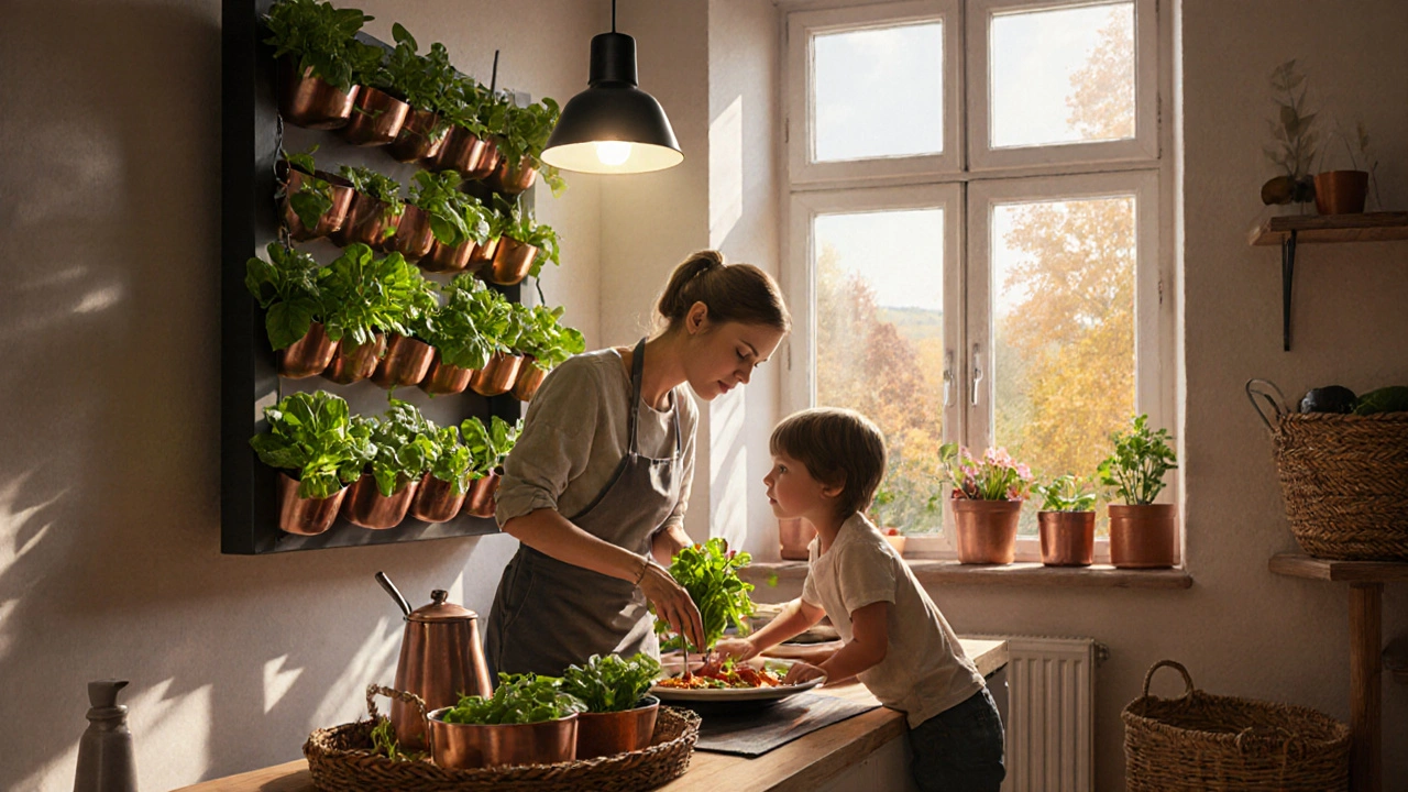 Rodina sbírá čerstvé bylinky z vertikální zahrádky v kuchyni za denního světla.