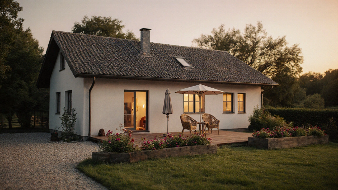 Rodinný dům s upravenou zahradou, květinami, čistou příjezdovou cestou a terasou s křesly v zlatém světle západu slunce.
