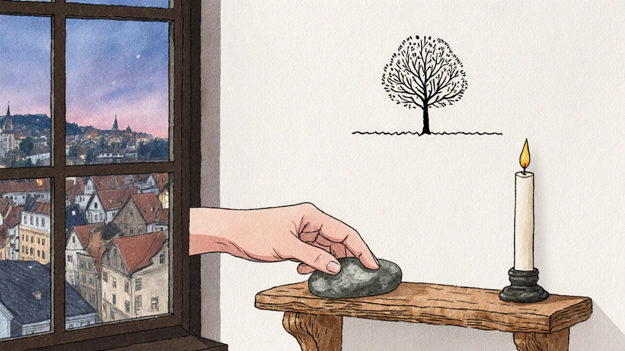 Ruka klade kámen na dřevěnou polici vedle svíčky, za ní jednoduchý kreslený strom na zdi.