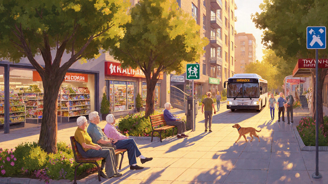 Senioři sedí v parku u bytového domu, v pozadí jsou lékárna, obchod a nízkopodlažní autobus.