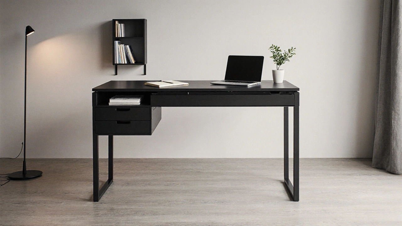 Stabilní výsuvný pracovní stůl s kovovými výsuvky a počítačem na stole v moderním bytě.